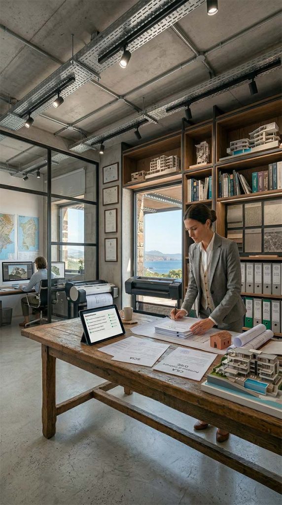 impiegata che gestisce le pratiche edilizie in un ufficio tecnico in Sardegna