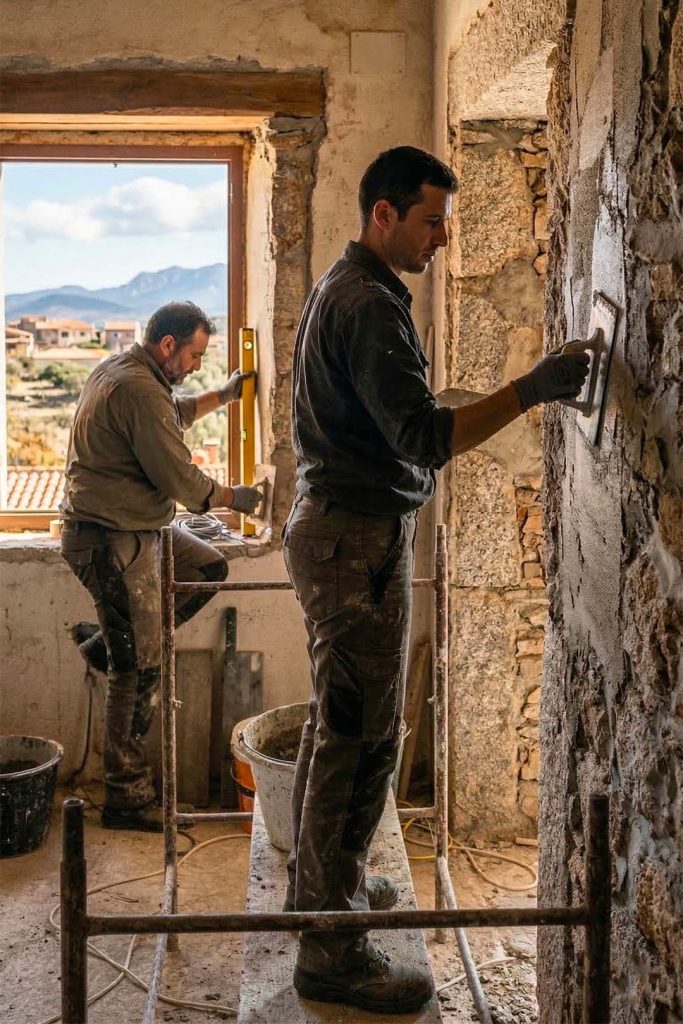 due operai in cantiere durante una ristrutturazionie in sardegna